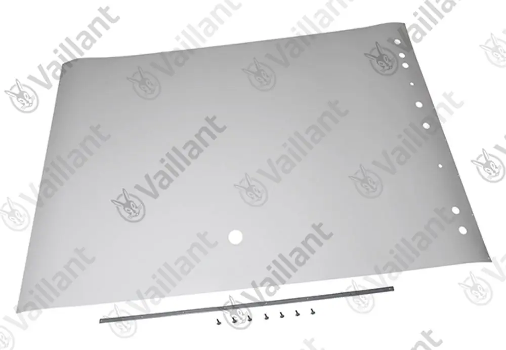 Vaillant Metallblech mit Loch und mehreren Bohrungen, begleitet von einer horizontalen Schiene und Schrauben, auf einem neutralen Hintergrund.